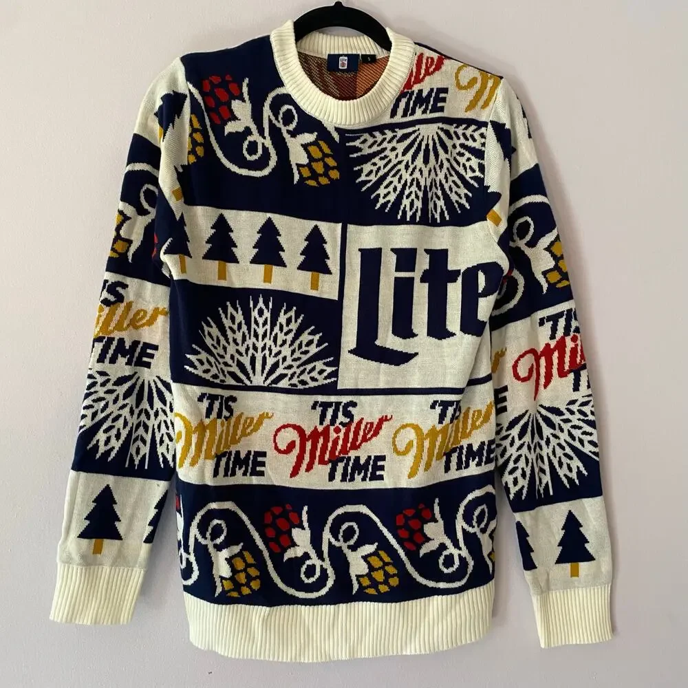 Miller Lite Ugly Christmas Holiday Sweater Crewneck Navy Blue White Men's Small